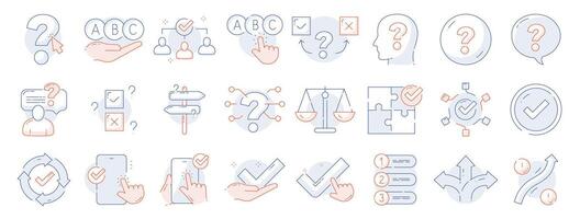 Set of making choice related colored icons. Survey, checklist, feedback, option, accept, arrow, way etc. Editable stroke vector