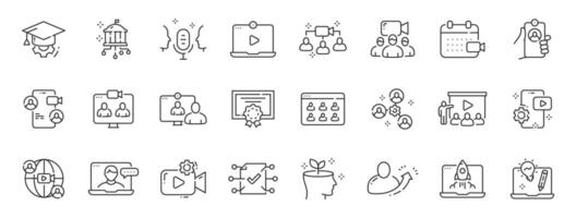 Set of e-learning related line icons. Education, online, seminar, conference etc. Editable stroke. vector
