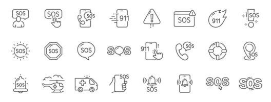 Set of sos related line icons. Emergency, call, alarm, warning etc. Editable stroke. vector