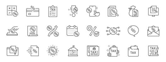 Set of tax related line icons. Payment,, report, fee, percent etc. Editable stroke. vector