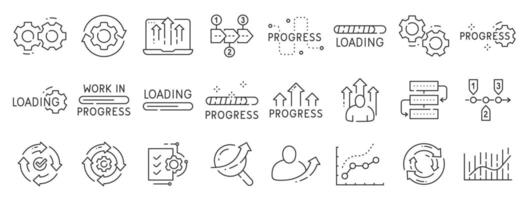 Set of progress related line icons. Process, develop, loading, upgrade etc. Editable stroke. Set 2 vector