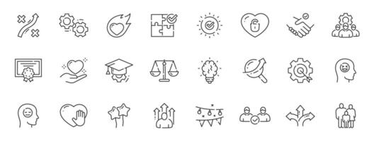 Set of core values related icons. Frendship, improvement, justice, kindness etc. Editable stroke. Set 2 vector
