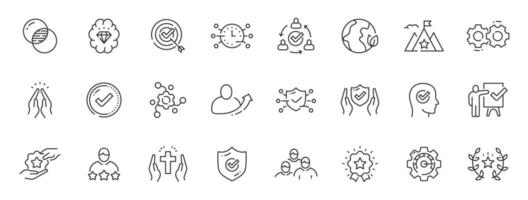 Set of core values related icons. Power, quality, stability, teamwork etc. Editable stroke. Set 3 vector