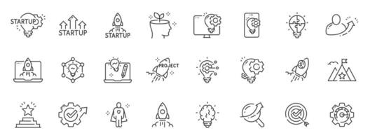 Set of startup related line icons. Launch, rocket, project, development etc. Editable stroke. vector