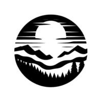 Minimalist black and white landscape illustration within a circle featuring mountains, trees, stylized sun, and clouds, evoking serenity. vector