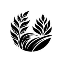 Artistic Minimalist Black and White Circular Composition Depicting Stylized Plants Growing from Grassy Terrain, Clean Lines and Simple Forms. vector
