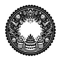 Intricate Black and White Circular Illustration Featuring Cakes and Floral Elements in a Decorative, Ornamental Style. vector