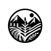 Minimalist Black and White Circular Emblem of Mountains, Fields, Trees, and Rising Sun, Illustrating Nature and Farming. vector