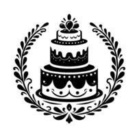 Black and white threetiered cake with ornate frosting details within an elegant laurel wreath design, on a white backdrop. vector