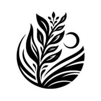 Monochrome emblem of plant life, crescent moon, and stylized foliage within a circular frame, evoking nature and balance. vector