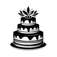 Elegant ThreeTiered Cake Illustration with Decorative Leaf Motif, Minimalist Black and White Design. vector