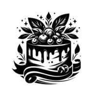 Elegant Black and White Illustration of a Layered Cake Decorated with Cherries, Leaves, and a Flowing Ribbon, a celebratory design. vector