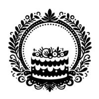 Black and white ornate circular with a layered cake featuring fruit and foliage within a decorative floral wreath on a white background. vector