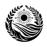 Black and White Circular Crest Sunburst, Flowing Water, Foliage Embrace with Elegant Simplicity. vector