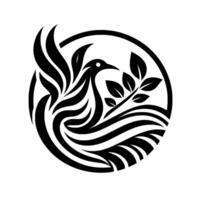 Black and white, stylized bird within a circle holding a branch with leaves, evokes elegance and peace. vector