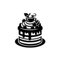 Black and white minimalist of a layered cake with dripping icing, whipped cream, cherries, and coffee cup on top, flat design. vector