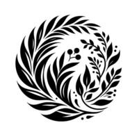 Circular Black White Floral Ornament, Featuring Leaves, Berries, and Branches in a Symmetrical, Decorative Design. vector