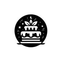 A minimalist black and white circular featuring a layered cake adorned with leaves, stars, dots, crescent moon, and hearts. vector