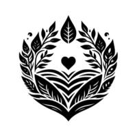 Abstract floral heart symbol in black and white, surrounded by leaves and branches, forming a symmetrical, decorative design. vector