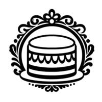 A stylized black and white illustration of a layered cake, within an ornate floral frame, creating a vintageinspired design. vector
