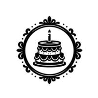 Monochromatic Emblem Twotiered birthday cake with a lit candle, enclosed in an ornate circular frame, celebrating a special event. vector