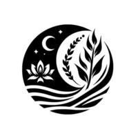 Black and White Circular Design Lotus, Crescent Moon, Leaves, Wheat, Stars, and Water Lines. A symbol of peace. vector