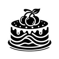Black and White Illustration of a Layered Cake Decorated with Cherries on a White Background. vector