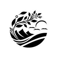 Black and white circular nature scene with mountains, a tree, birds, and a stylized sunrisesunset. vector