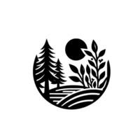 Minimalist Black and White Circular Nature Scene with Trees, Plants, Moon and Landscape, Nature Emblem vector