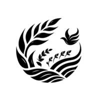 A stylized monochrome illustration of a circleshaped farm scene with wheat, fields, and a flying bird, symbolizing growth. vector
