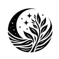 negro y blanco circular ilustración creciente Luna con estrellas y un estilizado árbol con hojas, creando un pacífico, natural motivo. vector