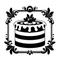 Elegant Black and White Cake Illustration in Ornate Decorative Frame, Detailed Design, Perfect for Bakery or Special Event Graphics. vector