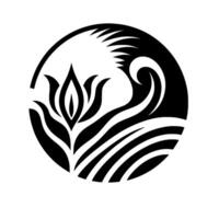 Stylized black and white circular featuring a lotus flower, waves, and flowing water elements, symbolizing natures harmony. vector