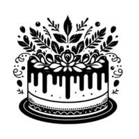 Black and White Illustration of an Elegant Layered Cake Adorned with Floral and Leafy Embellishments, Set Against a White Background. vector