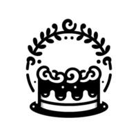 An elegant, minimalist black and white illustration of a tiered cake adorned with a floral wreath, a circular frame on a white background. vector
