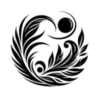 Intricate Black and White Yin Yang Inspired Floral with Swirls and Leafy Elements on a White Background. vector