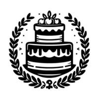 Elegant Monochrome Illustration of a TwoTiered Cake with Cherry Topping Encircled by a Leafy Wreath, Celebrating Joy. vector