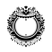 Ornate black and white illustration of a circular floral frame, featuring heart and dot accents, and a decorative rim, perfect for invitations. vector