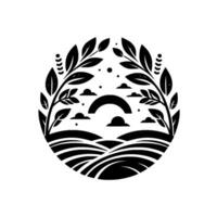 Black and white circular landscape illustration featuring arched horizon, fields, foliage framing, and scattered clouds. vector