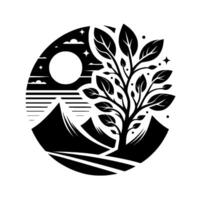 Black and White Circular Nature Silhouette Tree, Mountains, Moon, Stars, and Clouds in a Stylized Composition. vector