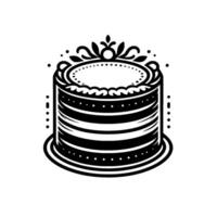 Elegant Black and White Illustration of a Layered Cake with Ornamental Topping and Decorative Border Elements, Celebrating Simplicity. vector