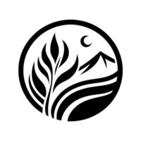 Minimalist black and white circular featuring stylized mountain, plant, and crescent moon, representing nature, growth and serenity. vector