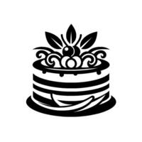 Stylized Black and White Layered Cake with Leaf and Berry Topping, Set on a Circular Base, Isolated Illustration. vector