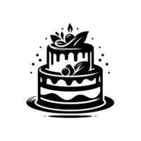 Black and white twotiered birthday cake illustration with dripping frosting, berries, leaves, and lit candle, minimalist design. vector