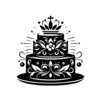 Threetiered elegant black and white cake, adorned with ornate floral and scrollwork, topped with a crown and radiating light. vector