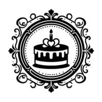 Elegant black and white birthday cake emblem, featuring a tiered cake with a lit candle, set within a decorative ornate circular frame. vector