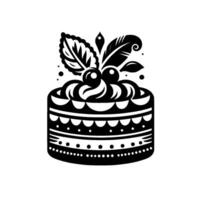 Intricate Black and White Illustration of a Decorated Cake, Adorned with Berries, Leaves, and Feathers, Isolated on White. vector