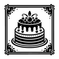 Elegant Black and White Cake in Square Frame, Featuring Tiered Layers, Drip Icing, and Ornate Decorative Border. vector