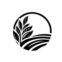 Minimalist black and white featuring a stylized plant and a field enclosed within a circular frame, suggesting agriculture and nature. vector