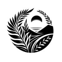 Monochromatic Circular Design Nature Scene with Mountains, Sunset, and Foliage, Rendered in Silhouette Style. vector